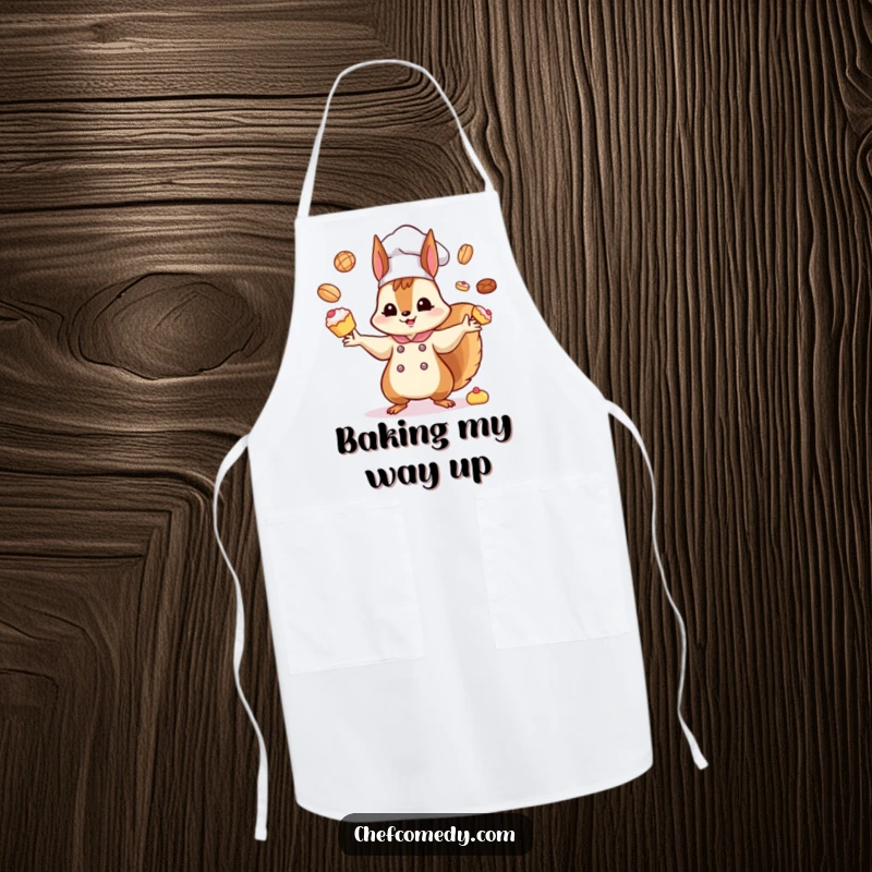 Funny Kawaii Squirrel Chef Apron: A cute kawaii squirrel chef humorously juggles assorted tiny pastries while cooking, making it a fun kitchen accessory.