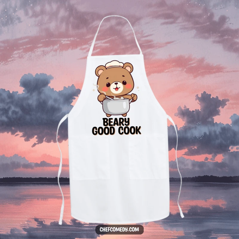 Funny Bear Chef Apron showing a bear chef stirring a pot, perfect for a humorous cooking experience.