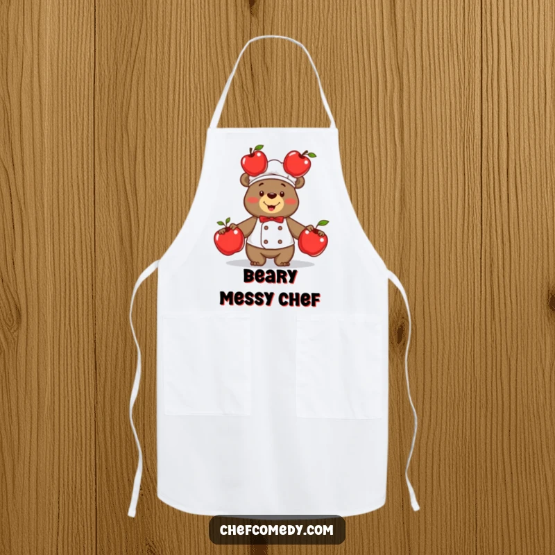 Funny bear chef apron, proudly juggling three shiny red apples, protecting the cook while adding serious kitchen humor.