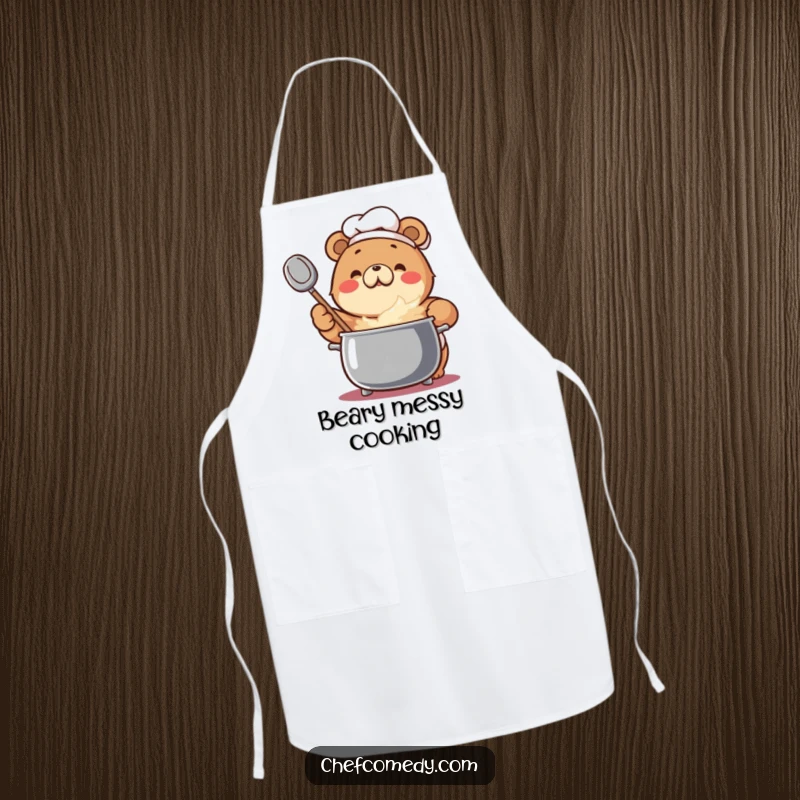 Funny Bear Chef Apron: An enthusiastic bear stirs a bubbling pot, ideal for messy cooking.