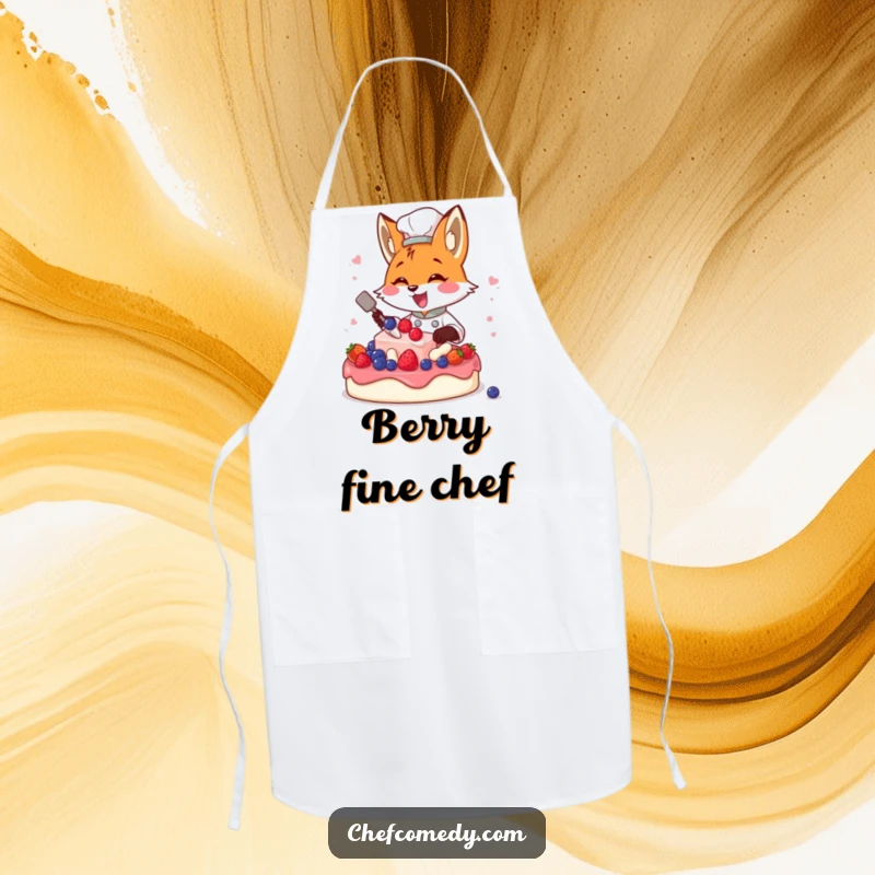 Funny fox chef in a chef hat, happily decorating a cake with berries, a functional and humorous apron.