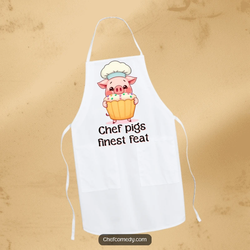 Funny Pig Chef Apron: A beaming pig chef proudly presents a huge, decorated cupcake, ideal for messy cooking.