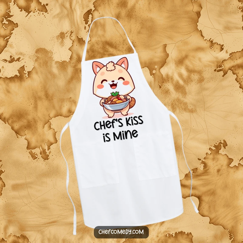 Funny kawaii animal apron, with a proud smile, presenting a delicious dish it has prepared.