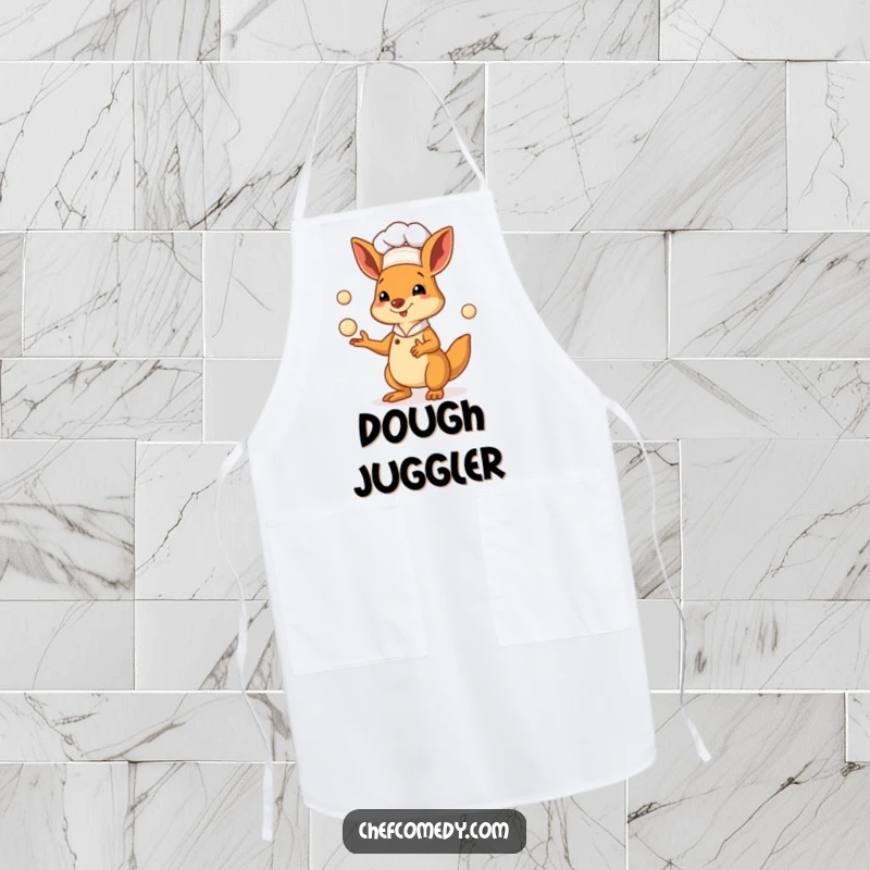 Funny kangaroo chef apron showing a marsupial baker juggling pastry dough balls while cooking, ideal for a fun baking session.