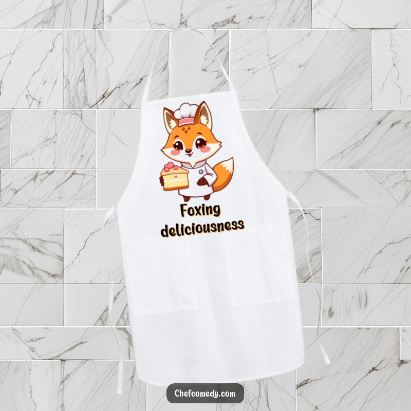 Funny apron with a proud fox chef character presenting a slice of cake, perfect for baking with flair and a humorous gift.
