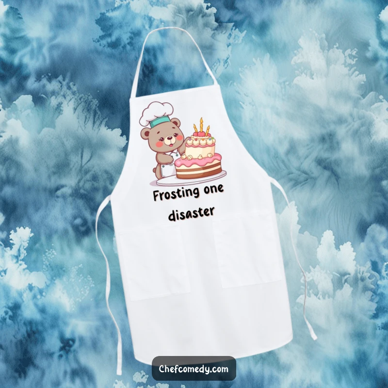 Funny bear chef character happily decorating a cake with frosting and sprinkles, wearing a chef hat and apron, ready for cooking.