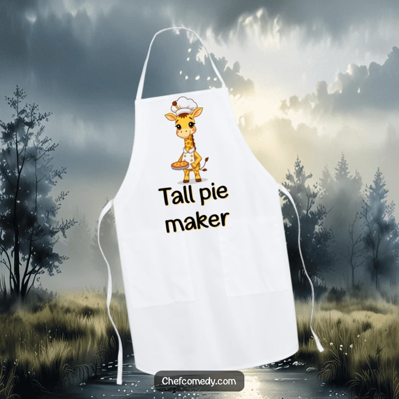 Funny Giraffe Chef Apron: Tall, proud giraffe baker holding a delicious pie, perfect for humorous cooking sessions.