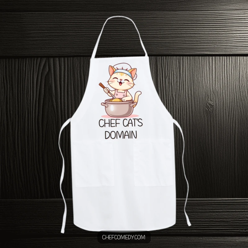 Funny Kawaii Cat Chef Apron: A cute cat chef happily stirs a giant pot. Adorable and practical wear for any kitchen enthusiast.