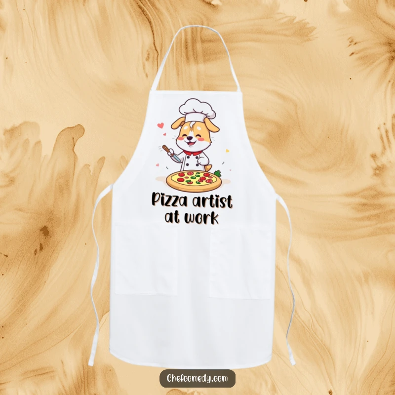 Funny Kawaii Dog Chef Apron, a happy cartoon dog swiftly decorating a pizza, protective and humorous kitchen wear.