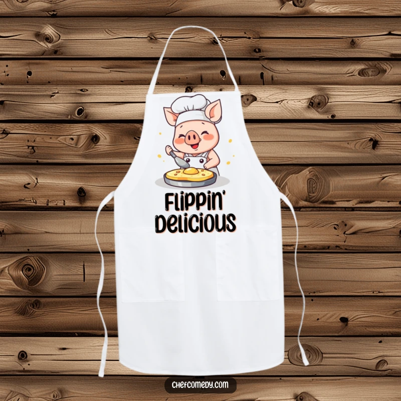 Funny kawaii pig chef apron, a happy pig intensely flipping a pancake with glee, perfect for cooking protection.