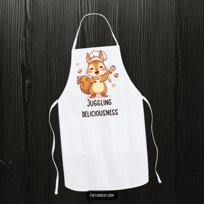 Funny Kawaii Squirrel Chef Apron: A cute squirrel chef juggles pastries, designed to inspire baking and bring smiles.