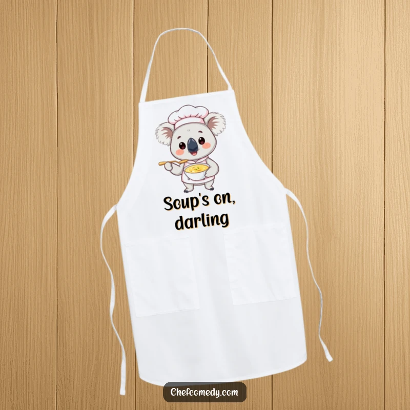 Funny Koala Chef Apron: A cute koala chef in a hat holds a tiny spoon, ready to cook with humor and practicality.