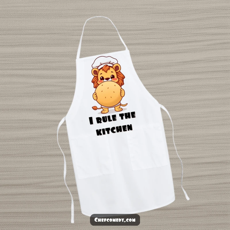 Funny lion chef character proudly presenting a large, round bread loaf on a functional apron, ideal for cooking.