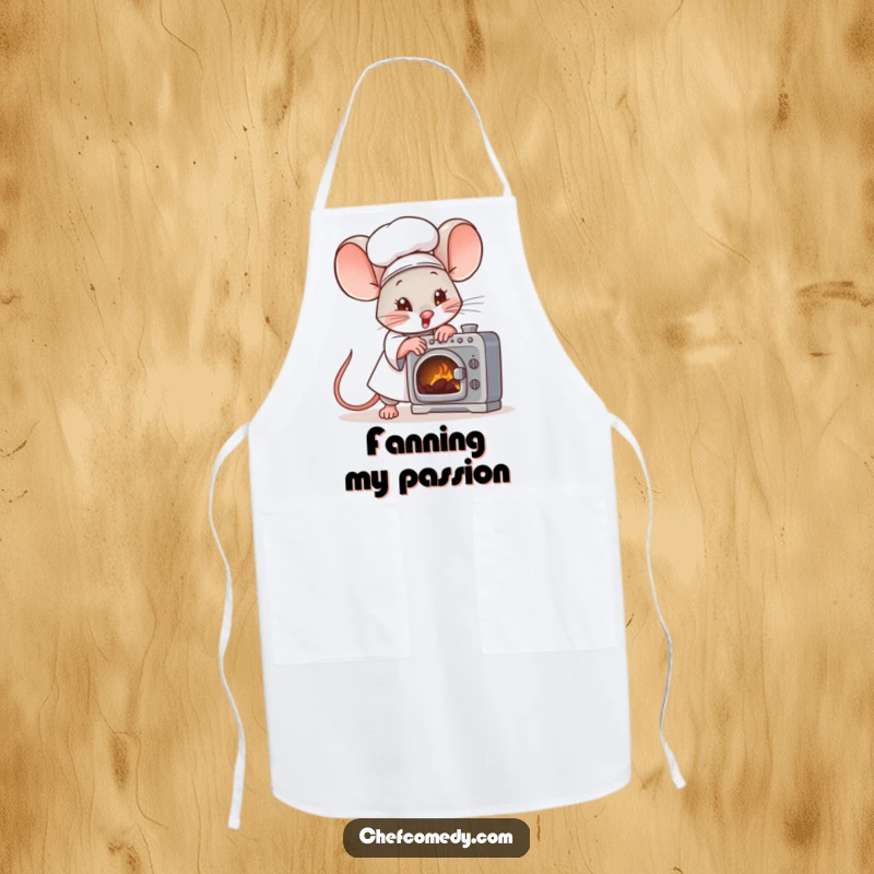 Funny mouse chef character fanning a tiny oven with great effort on a functional apron, ideal for cooking.