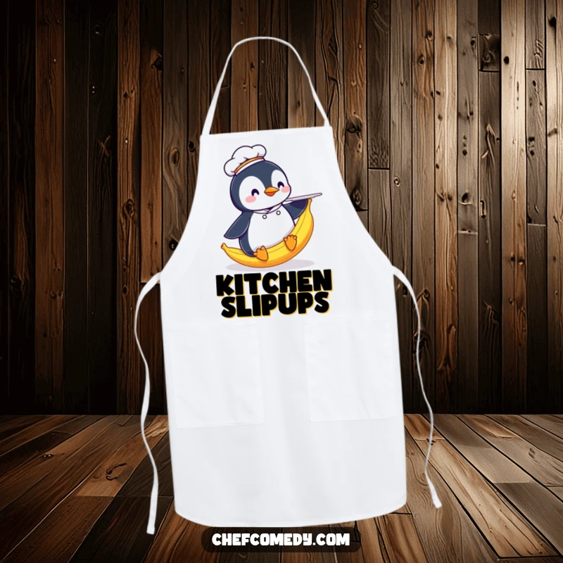Funny Penguin Chef Apron: A penguin chef humorously slips on a banana peel while carrying a plate, a funny kitchen accessory.