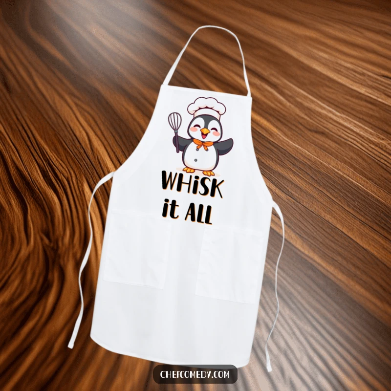 Funny apron featuring a cheerful penguin chef character holding a whisk, blending kitchen cheer with culinary fun.