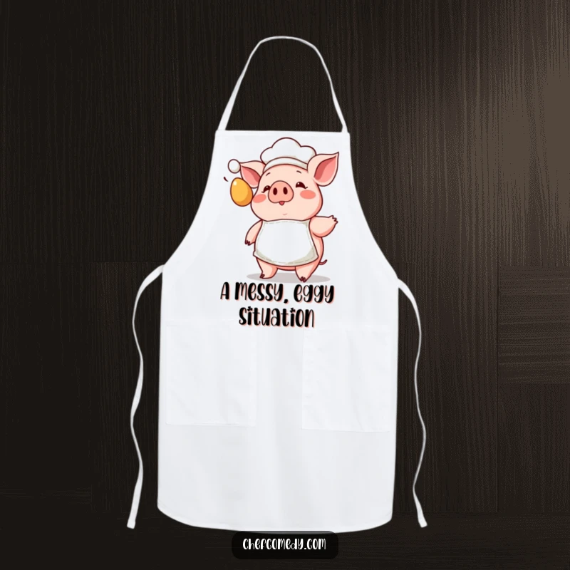 Funny Kawaii Pig Chef Apron with a tiny apron, showing a surprised pig facing a flying egg, ideal for kitchen protection.