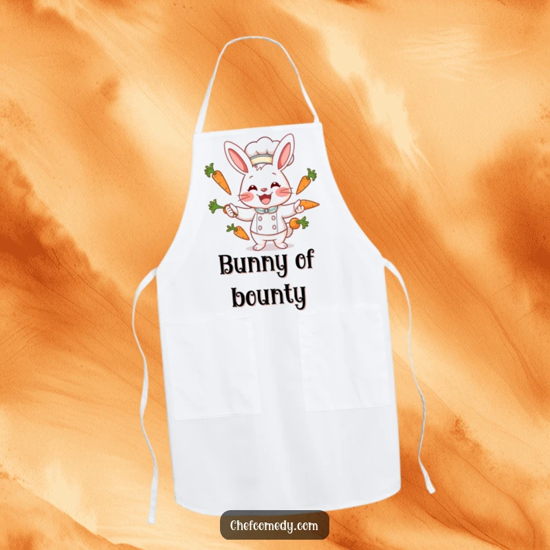 Funny rabbit chef character juggling carrots with a wide smile on a functional apron, ideal for cooking.