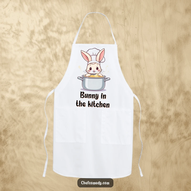 Funny rabbit chef apron, peeking with wonder into a bubbling pot, adding charm and protection to the kitchen.
