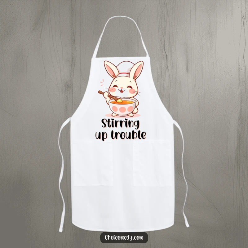 Funny rabbit chef tasting soup with a spoon, eyes closed in delight, a humorous and practical apron.