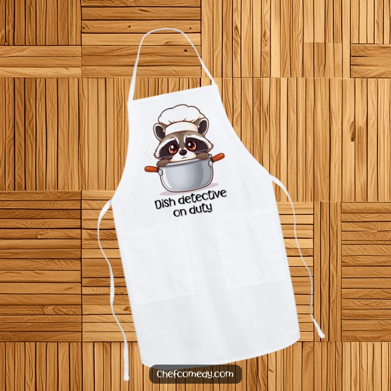 Funny raccoon chef wearing an apron, curiously peeking into a steaming pot, for humorous cooking sessions.