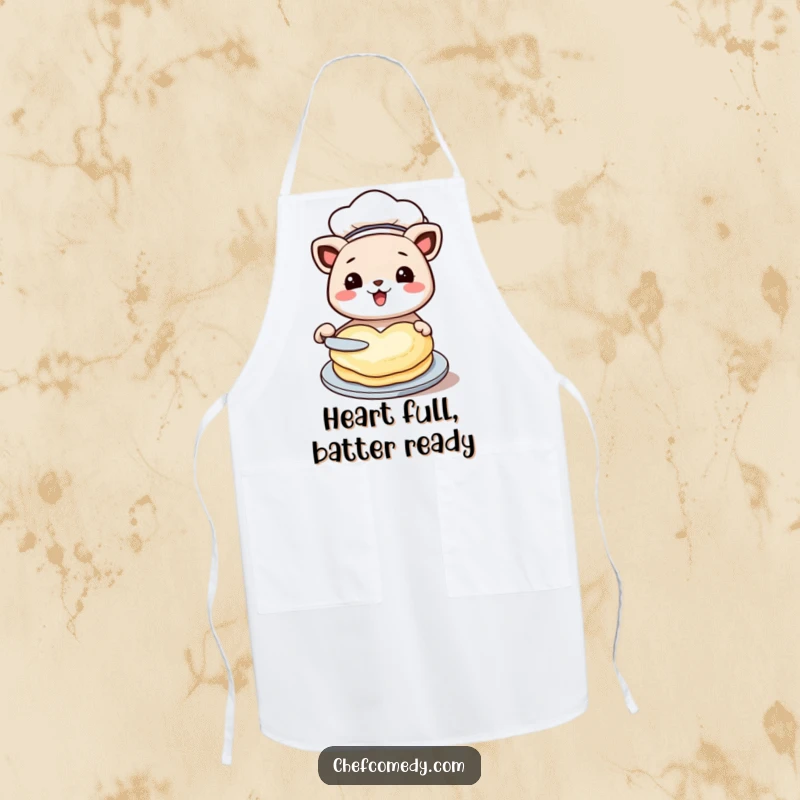 Funny kawaii animal apron, dressed as a chef, happily flipping a heart-shaped pancake, perfect for kitchen fun.