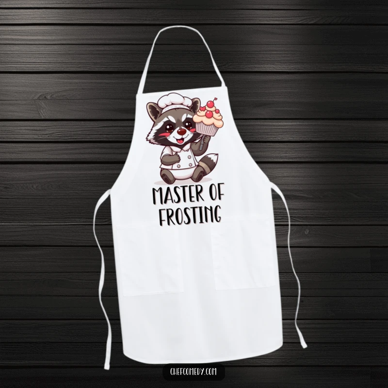 Funny Kawaii Raccoon Chef Apron: A cute raccoon chef proudly presents a decorated cupcake, designed to inspire baking and bring smiles.