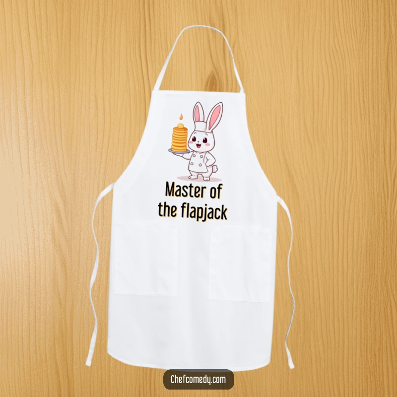 Funny Kawaii Bunny Chef Apron, showing a cute bunny chef ready to cook with a tall, wobbly pancake stack nearby.