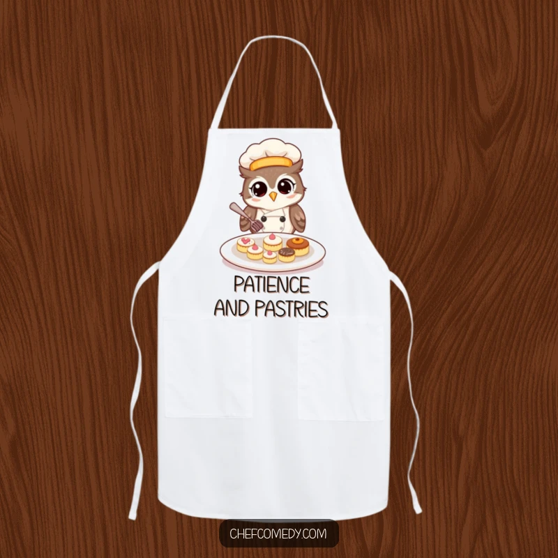 Funny owl chef illustration on an apron, focused on arranging tiny pastries with humorous precision.