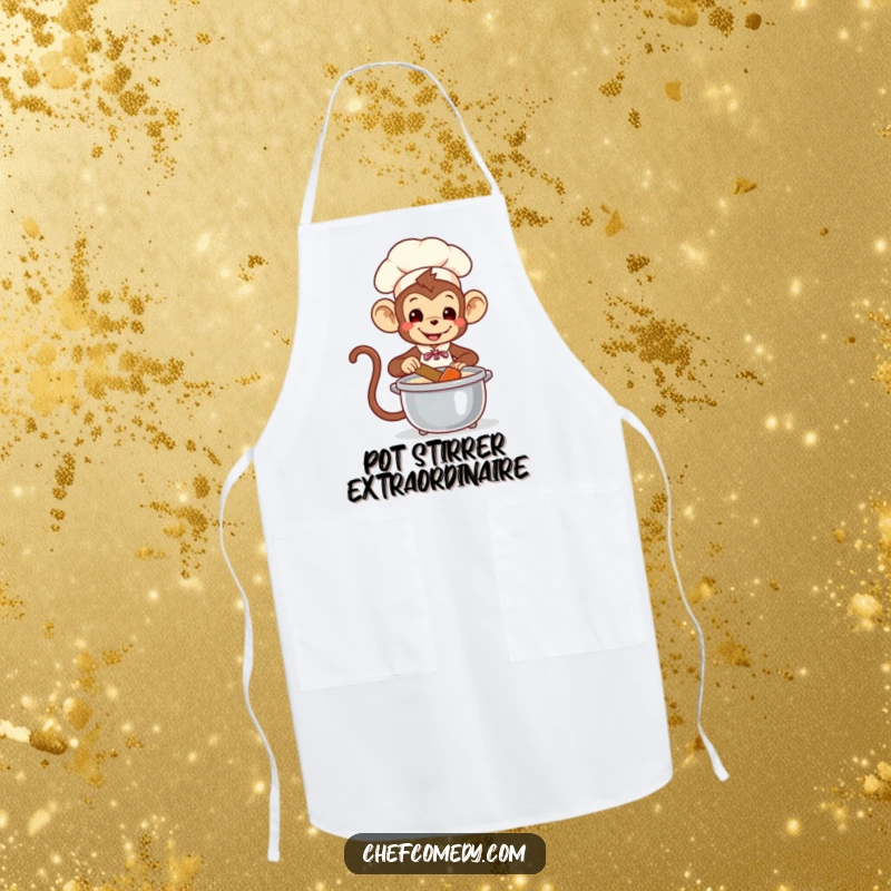 Funny Monkey Chef Apron: Playful monkey chef stirring a pot, perfect for humorous cooking and kitchen adventures.