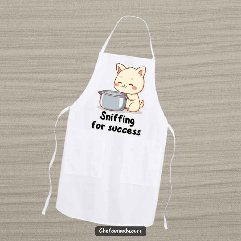 Funny Kawaii Animal Apron, happily sniffing a steaming pot, perfect for chefs, bakers, and anyone who loves funny kitchen gear.