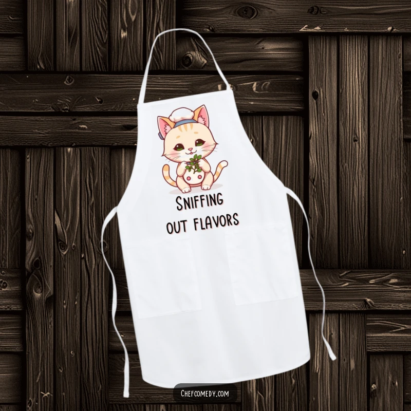 Funny Kawaii Cat Chef Apron, a happy cartoon cat sniffing herbs, protective and humorous kitchen wear with feline flair.