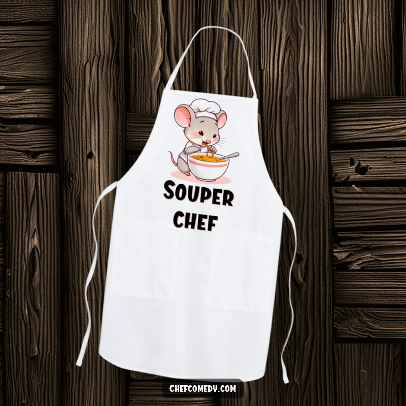 Funny apron featuring a mouse chef character curiously tasting soup, blending kitchen fun with culinary exploration.