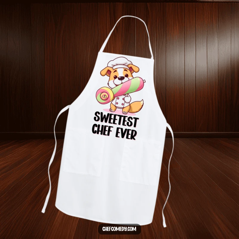 Funny Dog Chef Apron showing a dog chef presenting a lollipop, perfect for humorous kitchen wear.