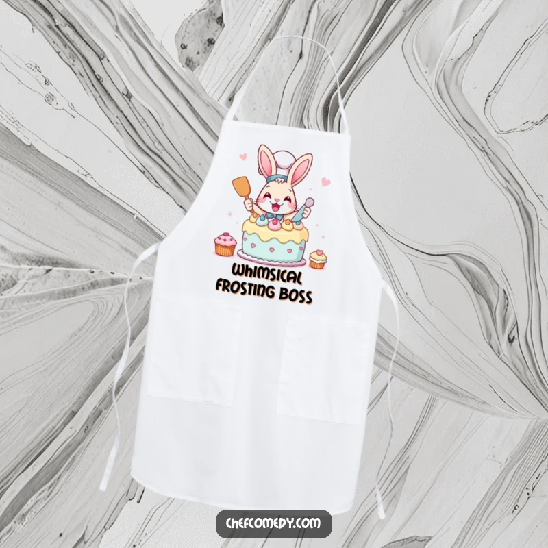 Funny Rabbit Chef Apron showing a rabbit chef frosting a cake, perfect for humorous baking sessions.