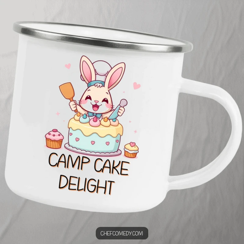 Funny Rabbit Chef Camping Mug featuring a rabbit chef frosting a cake, perfect for humorous outdoor adventures.