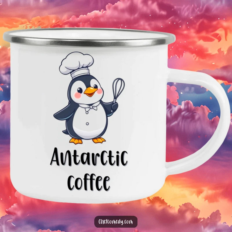 Funny penguin chef in a tall hat, holding a whisk, a durable and humorous camping mug.
