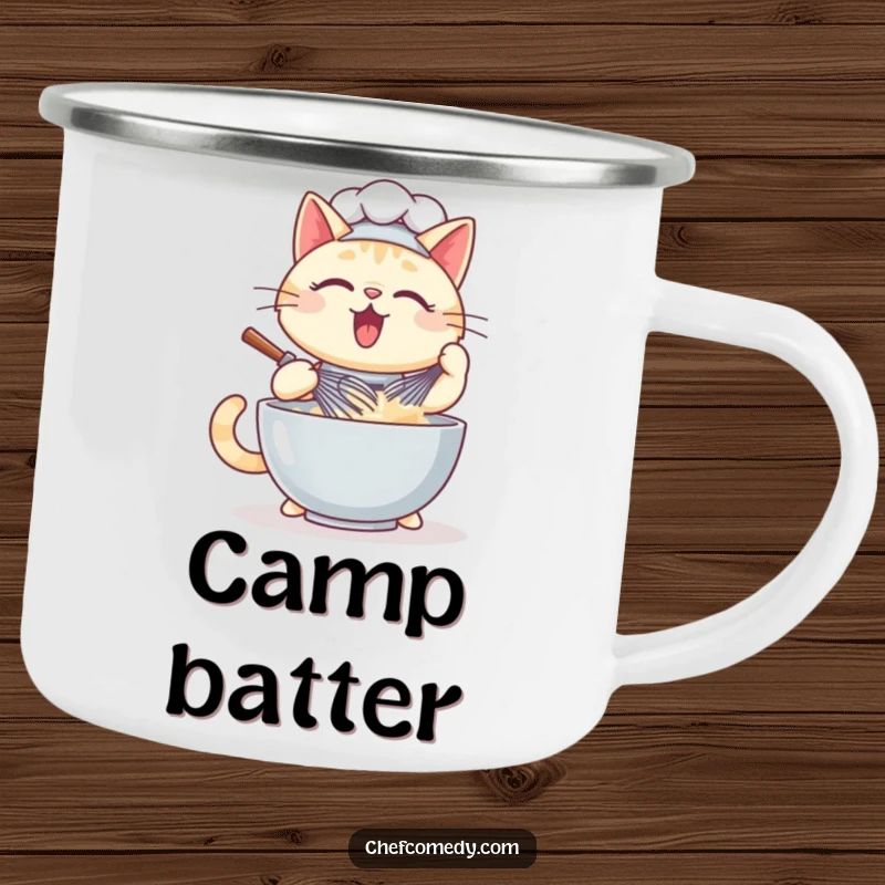 Funny kawaii cat chef camping mug illustration of a feline whisking batter, perfect for outdoor culinary adventures.