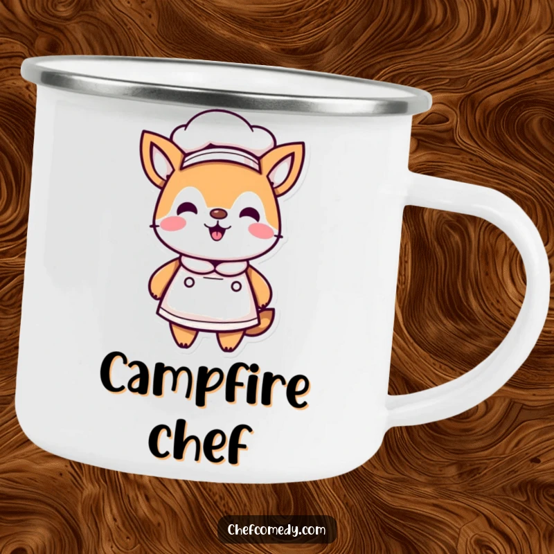 Funny Kawaii Animal Chef Camping Mug, proudly wearing a chef hat and apron, ideal for outdoor cooking and humorous enjoyment.
