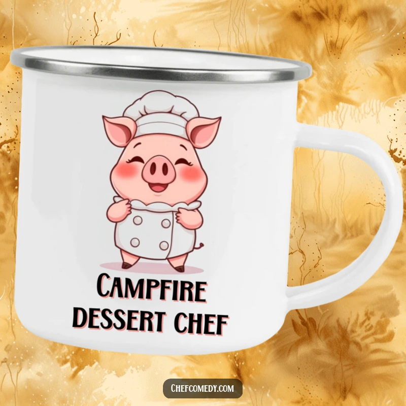 Funny camping mug featuring a smiling cartoon pig chef proudly presenting a steaming cupcake, ideal for enjoying treats outdoors.