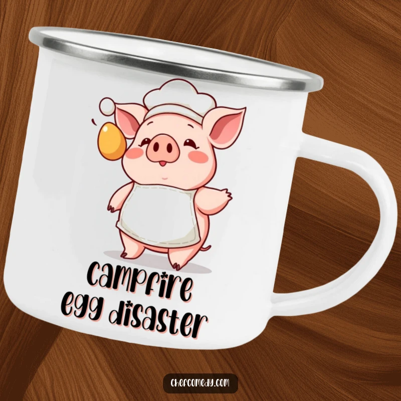 Funny Kawaii Pig Chef Camping Mug with a tiny apron, showing a surprised pig facing a flying egg, for outdoor use.
