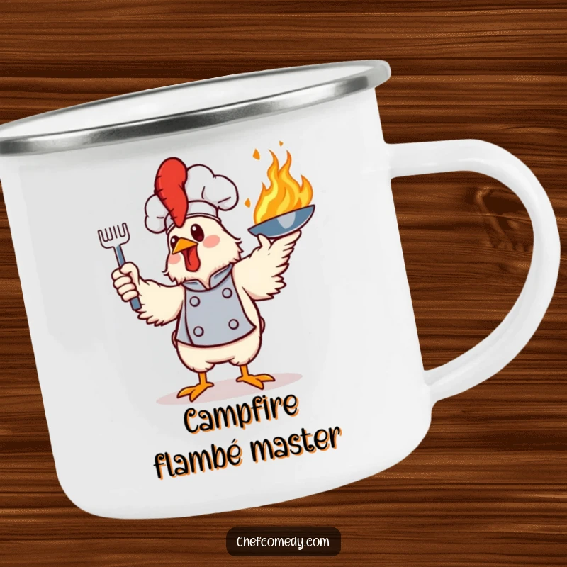 Funny camping mug showing a bold chicken chef flamboyantly tossing a flaming frying pan, ideal for outdoor enthusiasts.
