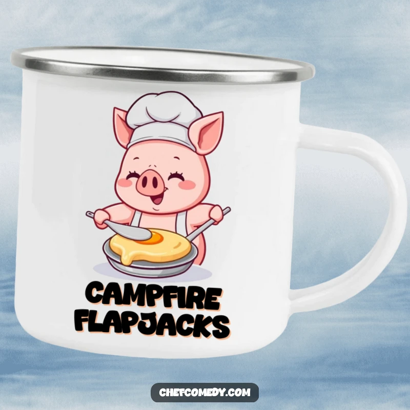 Funny Kawaii pig chef camping mug, showing a pig chef happily flipping a pancake with intense concentration and glee, perfect for outdoor meals.