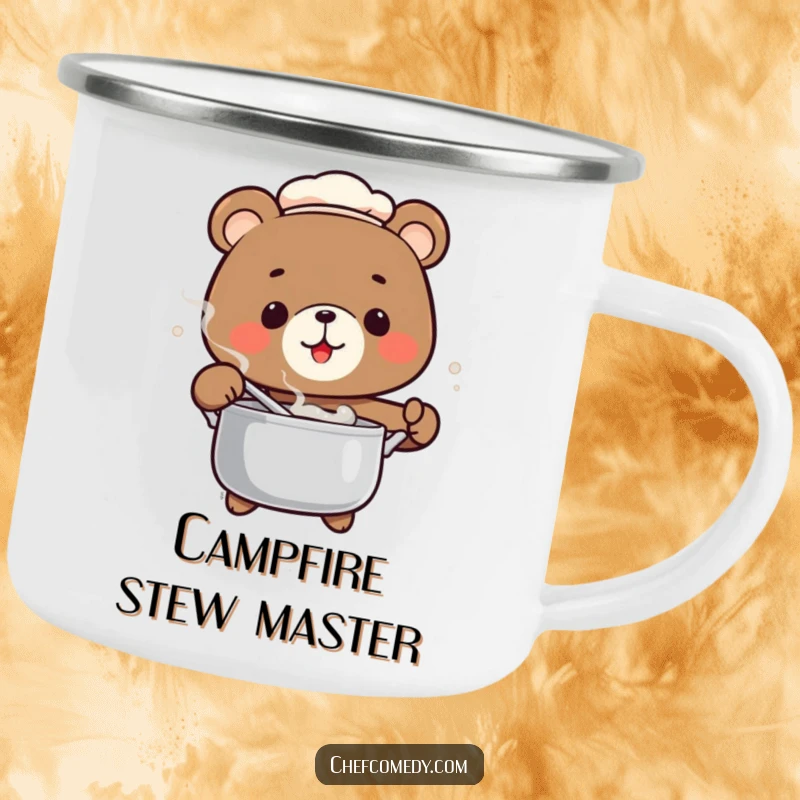 Funny Bear Chef Camping Mug featuring a bear chef stirring a pot, perfect for outdoor humor enthusiasts.