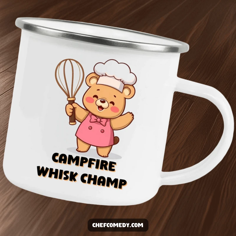 Funny Kawaii Bear Chef Camp Mug, a happy cartoon bear holding a whisk trophy, durable and humorous for outdoor celebrations.