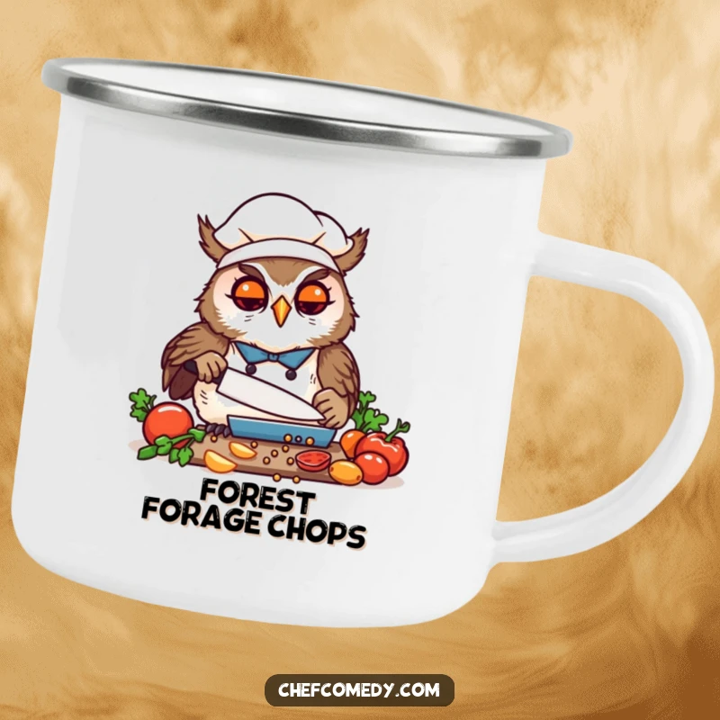 Funny Kawaii Owl Chef Camp Mug, a focused cartoon owl joyfully chopping veggies, durable and humorous for outdoor use.