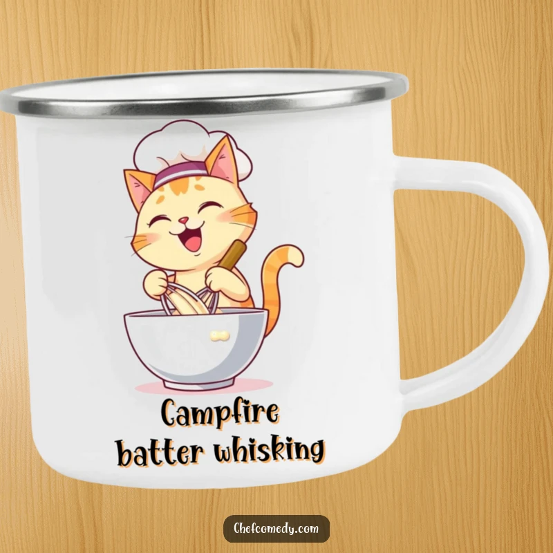 Funny camping mug featuring a happy cat chef energetically whisking batter in a large bowl, ideal for enjoying treats outdoors.