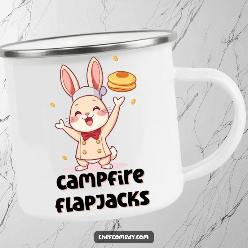 Funny camping mug featuring a cheerful rabbit chef tossing a pancake, perfect for outdoor breakfast enjoyment and camp adventures.