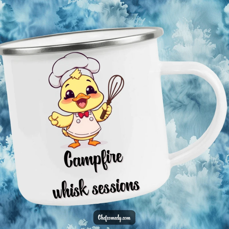 Funny duck chef with apron and whisk on a durable enamel camping mug, ready for outdoor baking.