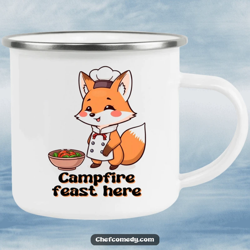 Funny Fox Chef Camping Mug: A durable mug showing a triumphant fox chef presenting a steaming dish, perfect for outdoor culinary success.